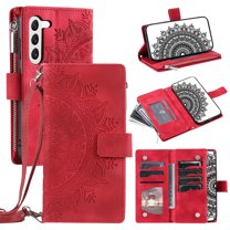 Feishell Zipper Wallet Case for Samsung Galaxy S23 Plus,for Women Men,Stylish Embossed Pattern PU Leather Multi Card Slots Magnetic Clasp Flip Kickstand Crossbody Phone Case with Shoulder Strap,Red