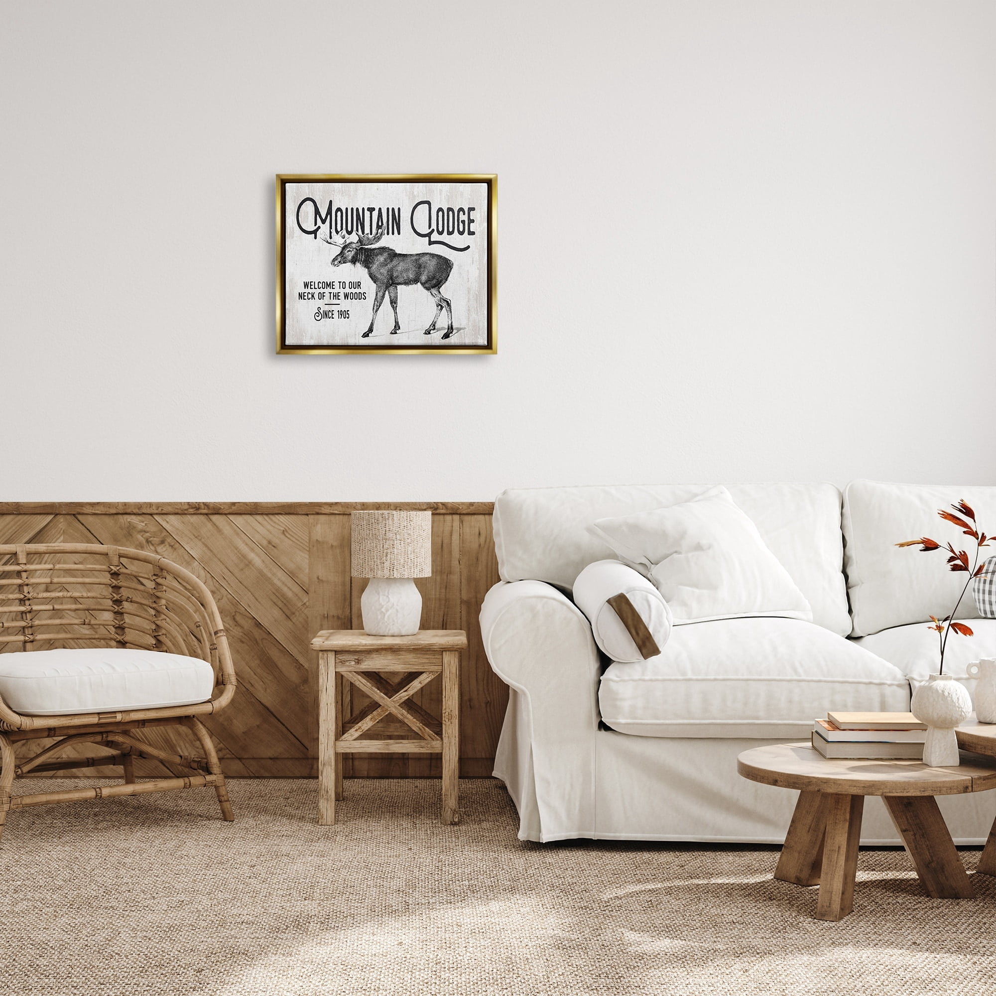 Stupell Industries Rustic Mountain Lodge Vintage Moose Cabin Sign Graphic Art Metallic Gold Floating Framed Canvas Print Wall Art, Design by Lettered and Lined