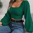 thumbnail image 4 of HAPIMO Women's Slim Chiffon Shirts Vacation Fashion Workout Cropped Tops Casual Elegant Square Neck Pleated Pullovers Lantern Sleeve Business Tees Outfits Green L, 4 of 8