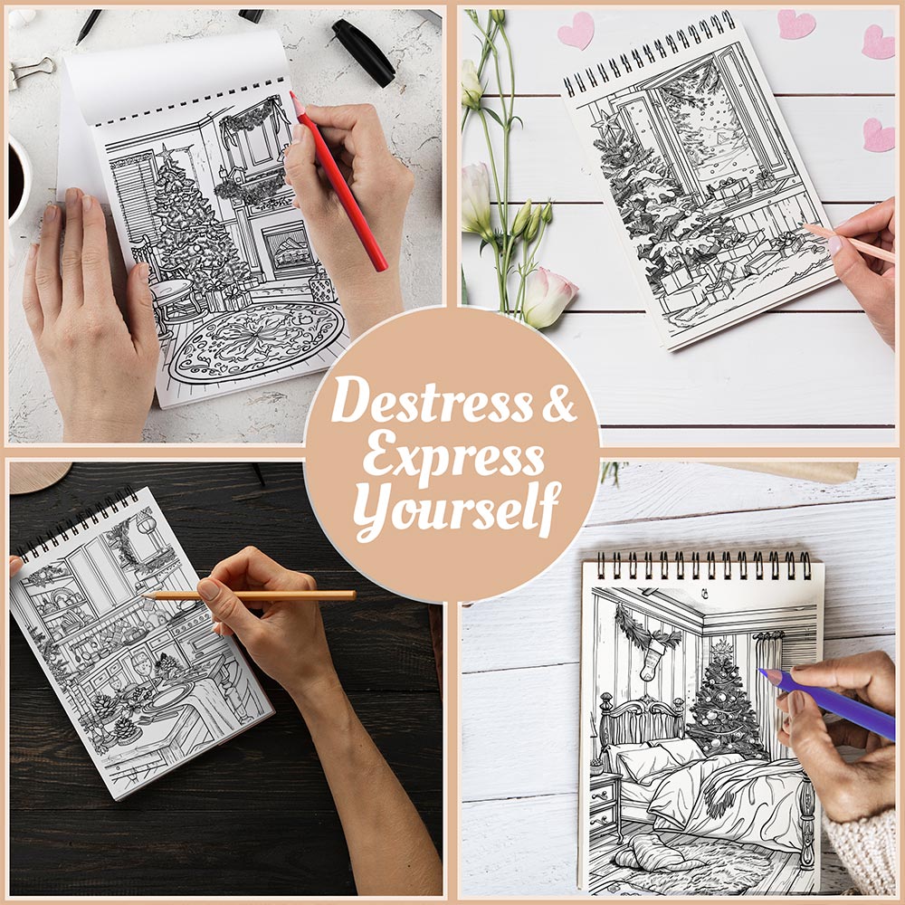 Netecom Cozy Christmas Coloring Book Spiral Bound for Adults, A5 Wooden Cover, 30 Heartwarming Coloring Pages of Festive Fireplaces in Xmas Day for Stress Relief and Relaxation