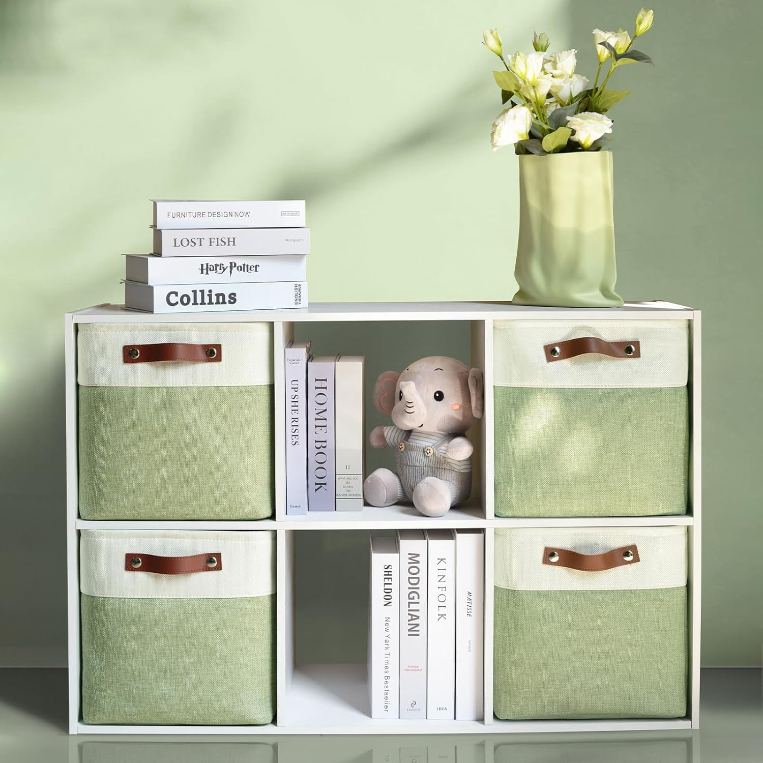 13 Inch Cube Storage Bins,Set of 4 , Foldable Storage Basket with PU Handles for Organizing Home, Closet, Clothes, Toy, Book, Laundry,Office, Organizers for Shelves(White&Green)