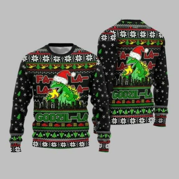 2025 Christmas Godzila Falalalala Ugly Christmas Sweater