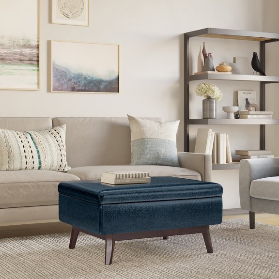 Simpli Home Owen Faux Leather Coffee Table with Storage in Distressed Dark Blue