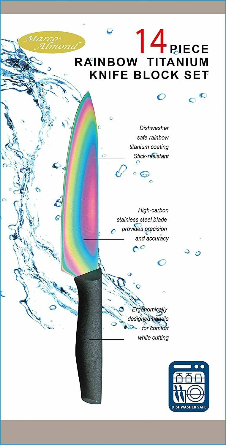 Dishwasher Safe Knife Set,Marco Almond KYA25 14-Piece Titanium Cutlery Rainbow Kitchen Knife Block Set,Black