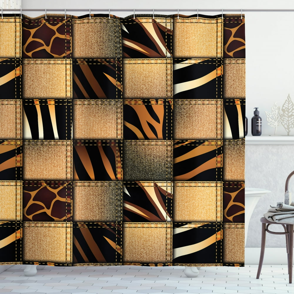 Safari Shower Curtain, Patchwork in Safari Style Wilderness Stylized