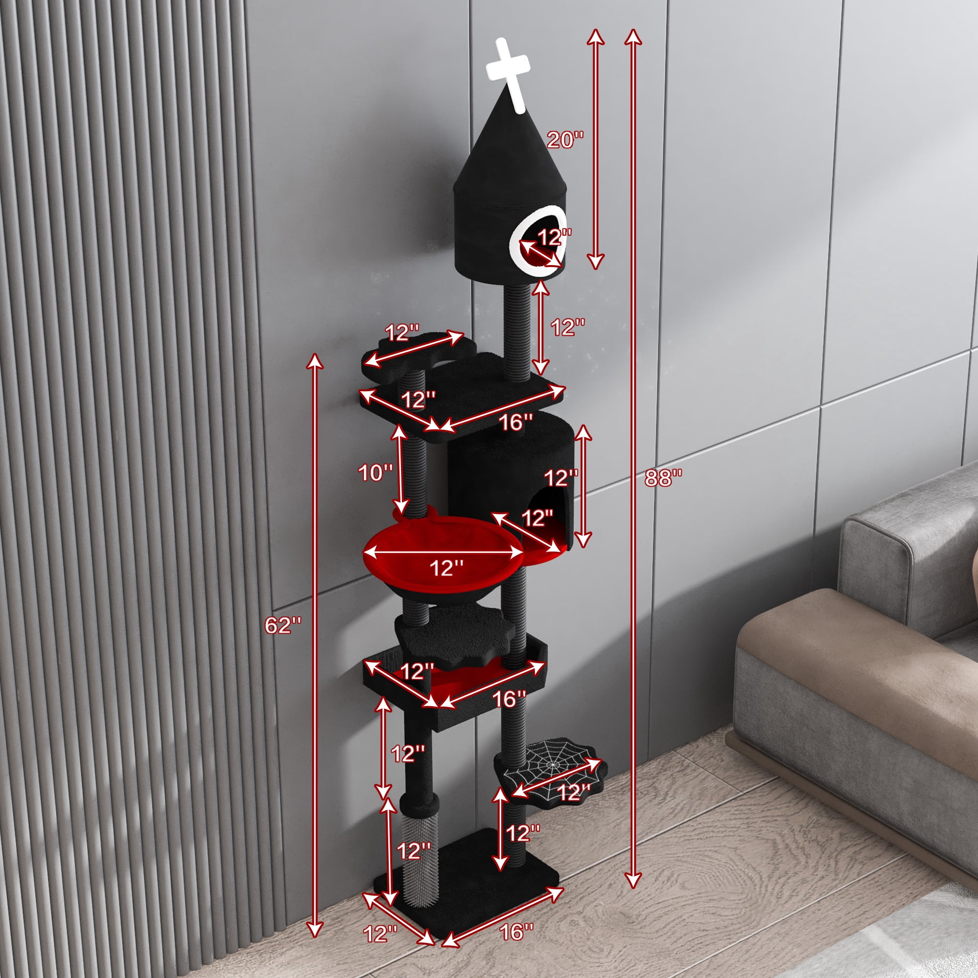 LHBCraft 88" H Tall Gothic Cat Tree, Cat Condo, Cat Tower