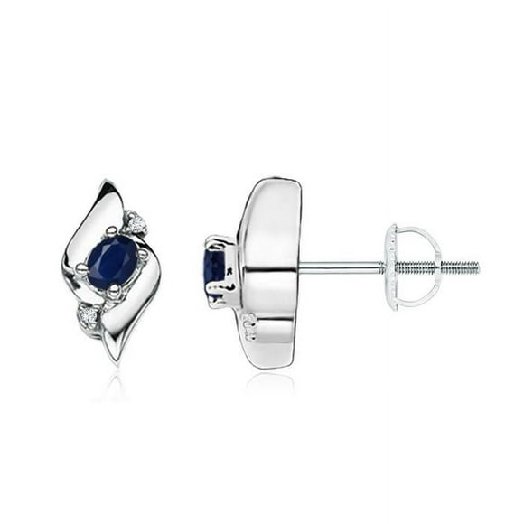 Angara Natural Blue Sapphire Earrings - Oval Blue Sapphire and Diamond Shell Stud Earrings in Platinum for Women