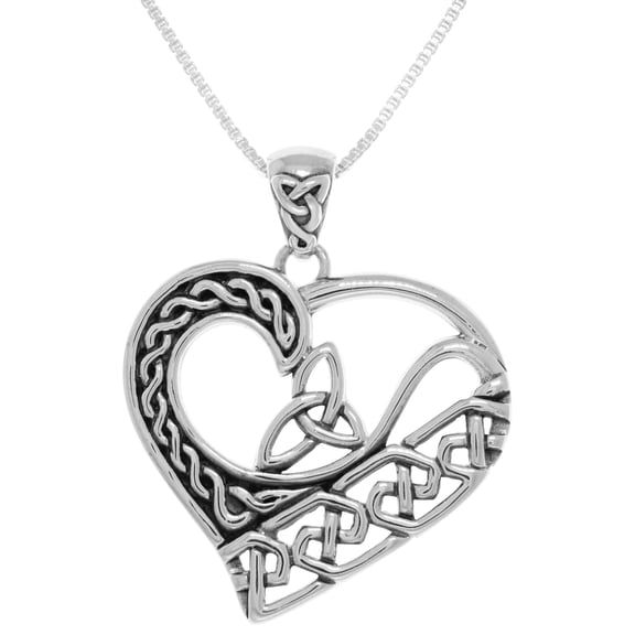 Sterling Silver Celtic Trinity Knot Heart Pendant on Box Chain Necklace