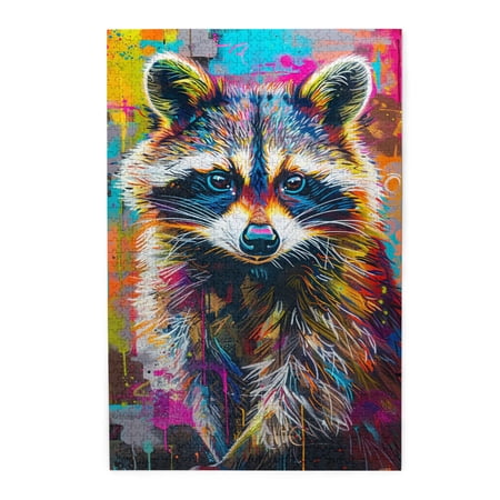 1000 PCS Lovely Raccoon Colorful Graffiti 1000 Piece Puzzle For Adults Brain Challenge Enjoy The Puzzle Solving Process Great For Relaxation And Display For Puzzle Lovers Beauty Animal Wooden Puzzle