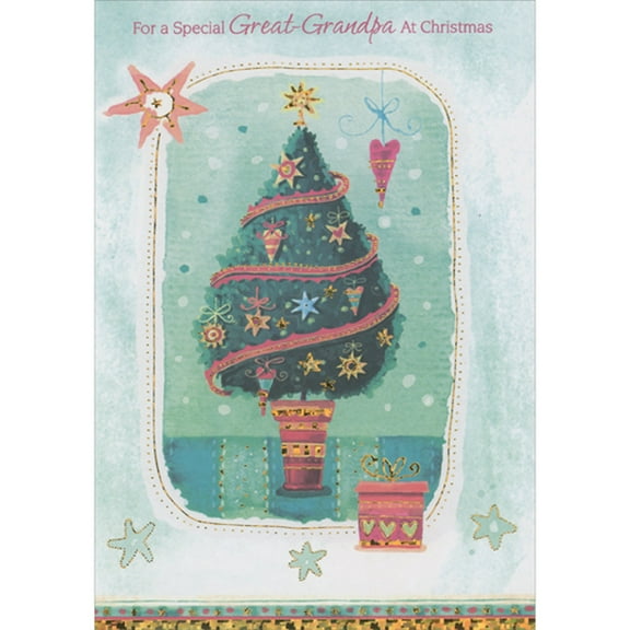Designer Greetings Watercolor Decorated Topiary Tree with Heart Ornaments Christmas Card for Great-Grandpa