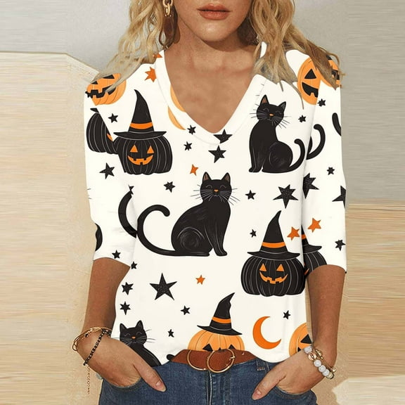 PNTUTB Women's Fashion Halloween Printed 3/4 Sleeve Tops V Neck Basic Tees Comfortable Tops Blouse