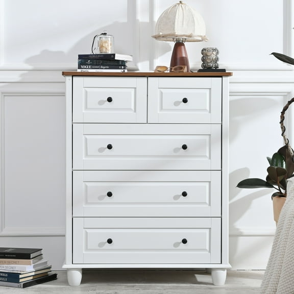 CQSXDA White Dresser with 5 Drawers, Tall Chest of Drawers, 5 Drawer Dresser with Deep Space, Wood Storage Cabinet for Living Room, Hallway, Office, White