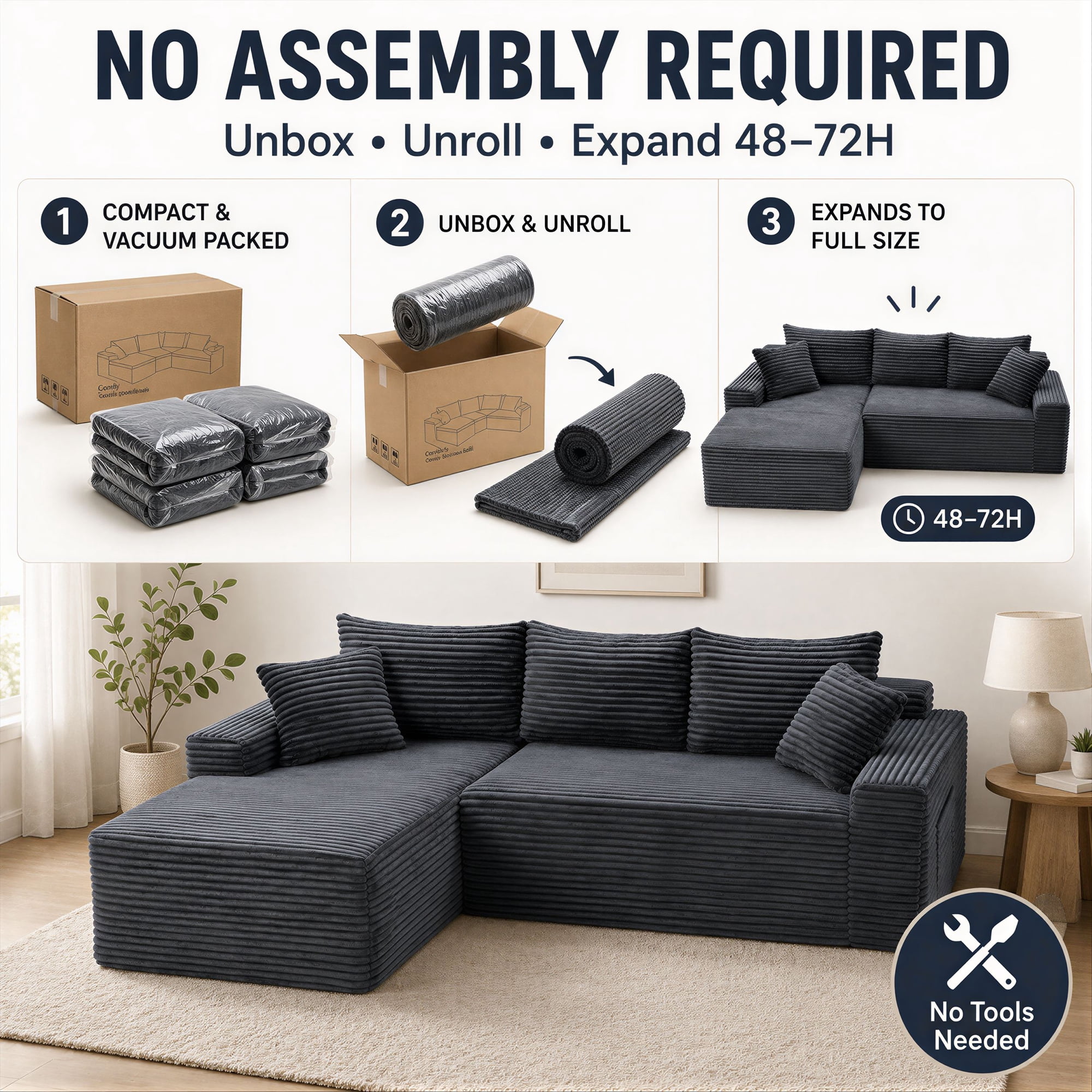 Aukfa 96" Cloud Sectional Couch, Modular L Shaped Boneless Sofa with Left Facing Chaise&2 Storage Pockets, Dark Gray
