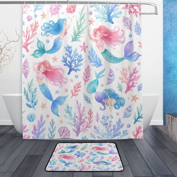 TTYFWHD 60" x 72" Shower Curtain and Bath Mat Set Dreamy Mermaid Sea Life Pattern Waterproof Bathroom Curtain with 12 Hooks, Bathroom Decor Set