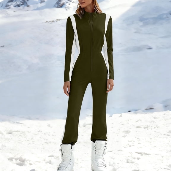 Yourumao One Piece Ski Suits for Women Stand Collar Zipper Front Long Sleeve Ski Jumpsuit Warm Winter Outdoor Snow Suits