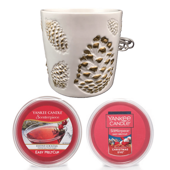 Yankee Candle Holiday Pinecone Scenterpiece Holiday Gift Set with a Christmas Eve and a Festive Cocktail Fragranced Meltcups 3-pc Set