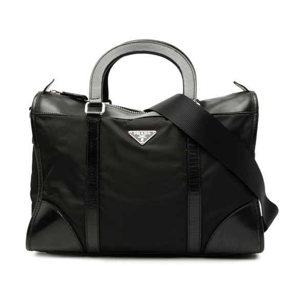 Pre-Owned Prada Triangle Logo Plate Handbag/Shoulder Bag 2-Way Black Nylon Leather Women's PRADA