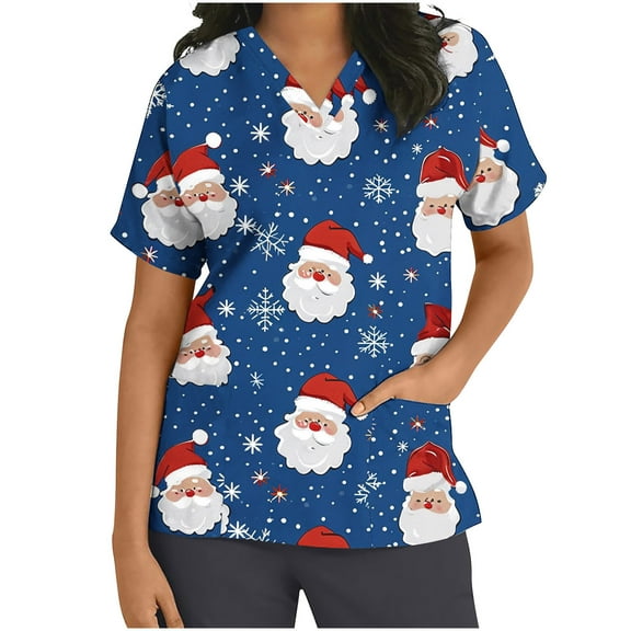 Xfvqtps Christmas Scrub Tops for Women Soft V-Neck Scrubs Comfortable Nursing Uniforms Christmas Printed Short Sleeve Top Protective Clothing Working Uniforms with Pockets Blue