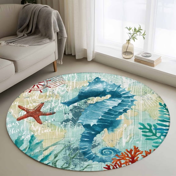 Round Area Rug 3.3 Ft, Sea Seahorse Coastal Washable Non-Slip Circle Carpet for Living Room/Bedroom, Turquoise Nautical Summer Coral Vintage Low-Profile Small Kitchen Mats Collection Rugs for Indoor