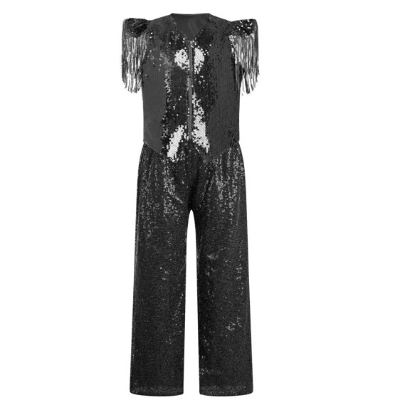 Aiihoo Kids Girls Metallic Disco Jazz Dance Outfit Tassels Cap Sleeves Sparkly Sequin Vest with Pants for Hippie Hip Hop Street Dancing Black 16