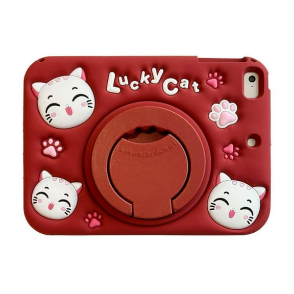 ELEHOLD for iPad mini 7 (A17 Pro)2024/6th Case,Cute Cartoon Soft Silicone Rotating Handle Stand Shock-Absorbent iPad Case with Pencil Holder and Shoulder Strap,Red Cat