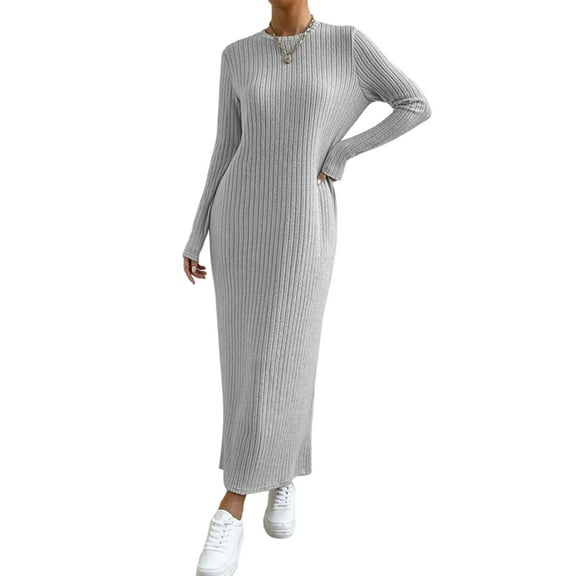 Womens Sweater Maxi Dress Long Sleeve Knit Ribbed Crew Neck Slim Fit Casaul Fall Long Dresses Grey L