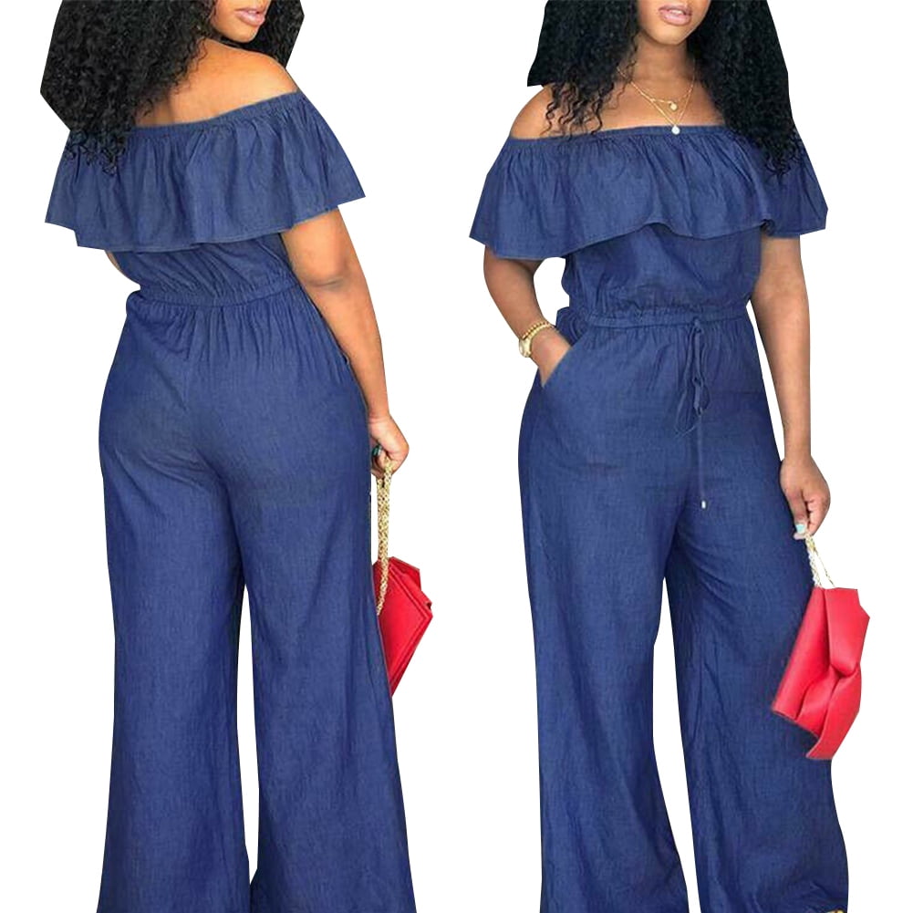 Transser Womens Off Shoulder Short Sleeve Ruffled Jean Pantsuit Casual Drawstring Elastic Waist Wide Leg Long Jumpsuit Rompers with Pockets 