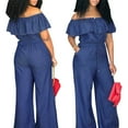 thumbnail image 2 of Women Denim Off Shoulder Rompers Ruffle Slash Neck Drawstring Jumpsuits, 2 of 7