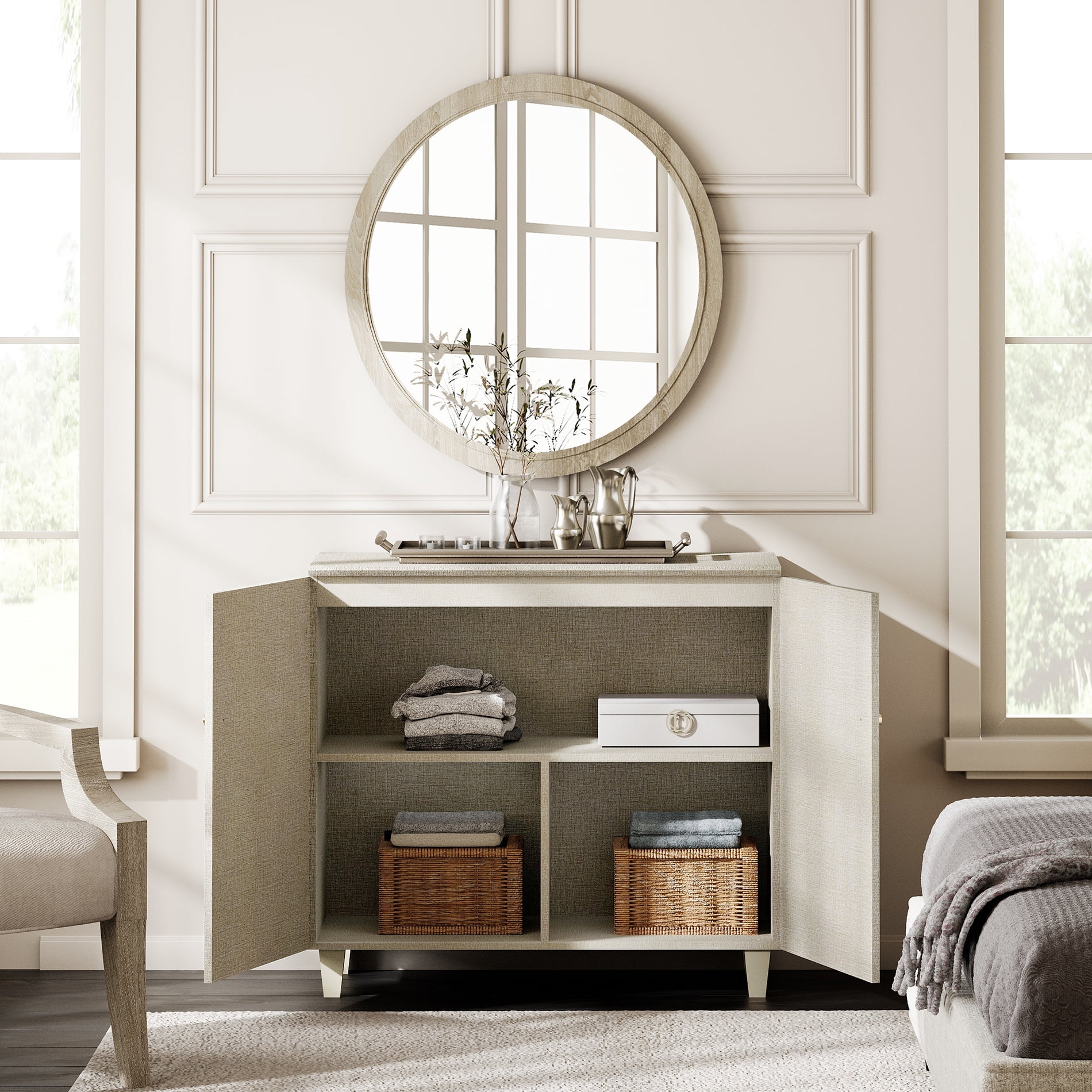 WAMPAT Wood Dresser with 12 Drawers and 1 Cabinet for Bedroom, Modern Chest of Drawer, 130" Wide, Beige Linen Printed Finish