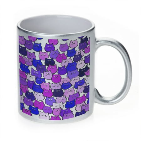 

KuzmarK Silver Sparkle Coffee Cup Mug 11 Ounce - Very Purple and Blue Tiny Chubby Kitties Art by Denise Every