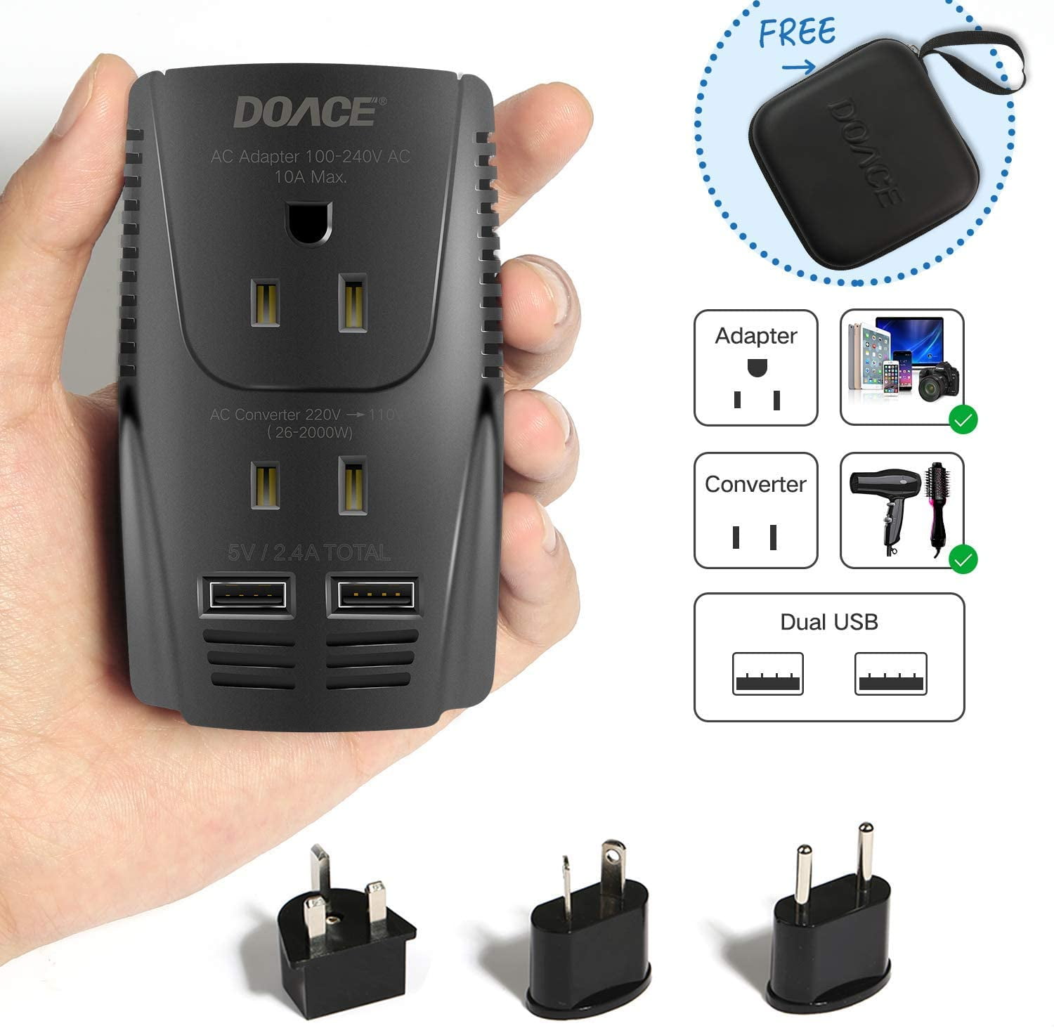 Step Down 220V to 110V 2019 Upgraded DOACE 2000W Travel Voltage Converter for Hair Dryer Straightener Flat Iron 10A Power Adapter with 2-Port USB EU/UK/AU/US Plugs for Laptop Camera Cell Phone 