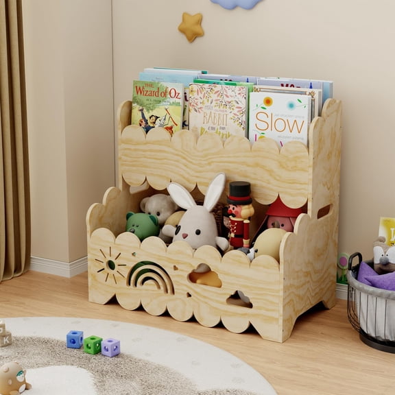 Wood Kids Bookshelf, Montessori Bookshelf 2-Tier, Suitable Kids Rooms, Nursery & Classroom, Kid Bookshelfs and Toy Storage, Toddler Book Rack, Nursery Book Shelves