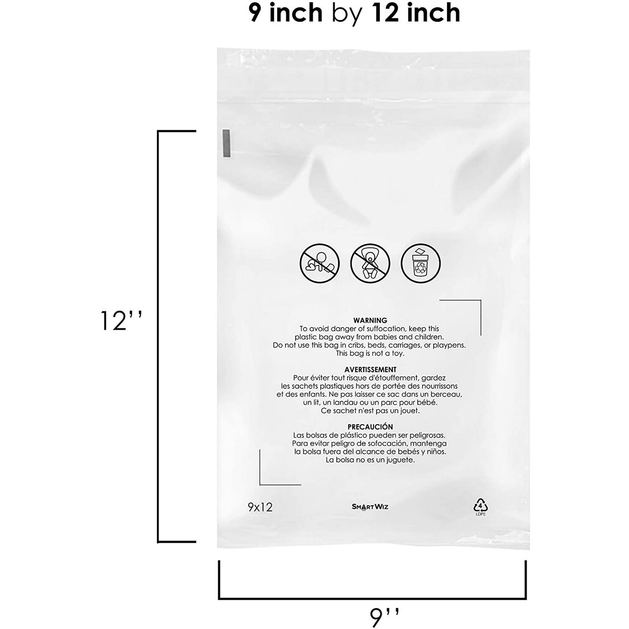 Clear Poly Bags 100pcs (9x12 in), with Suffocation Warning, Permanent Self Seal, Thick Plastic, for Shipping, Packaging