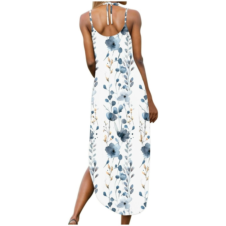Kihout Summer Dresses for Women Fashion Backless Sleeveless V-Neck Halter Split Hemline Printed Maxi Dress Multicolor XL, Women's