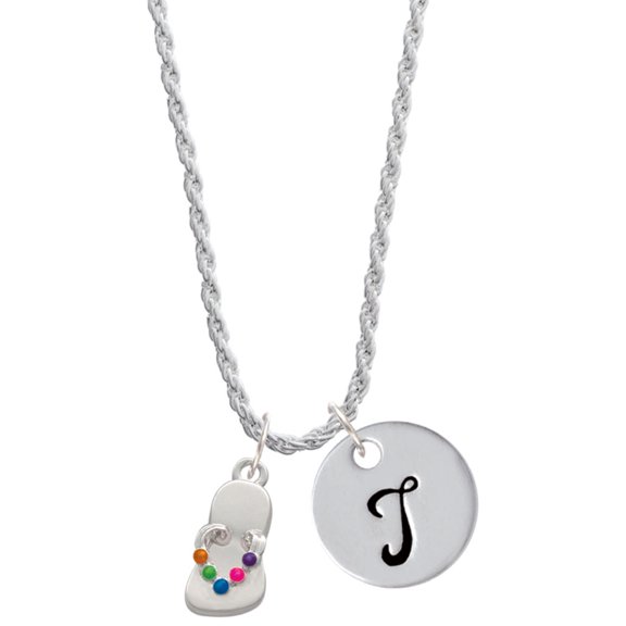 Delight Jewelry Silvertone Multicolored Flip Flop Silvertone Script Initial Disc - T - Charm Necklace, 20"+3"