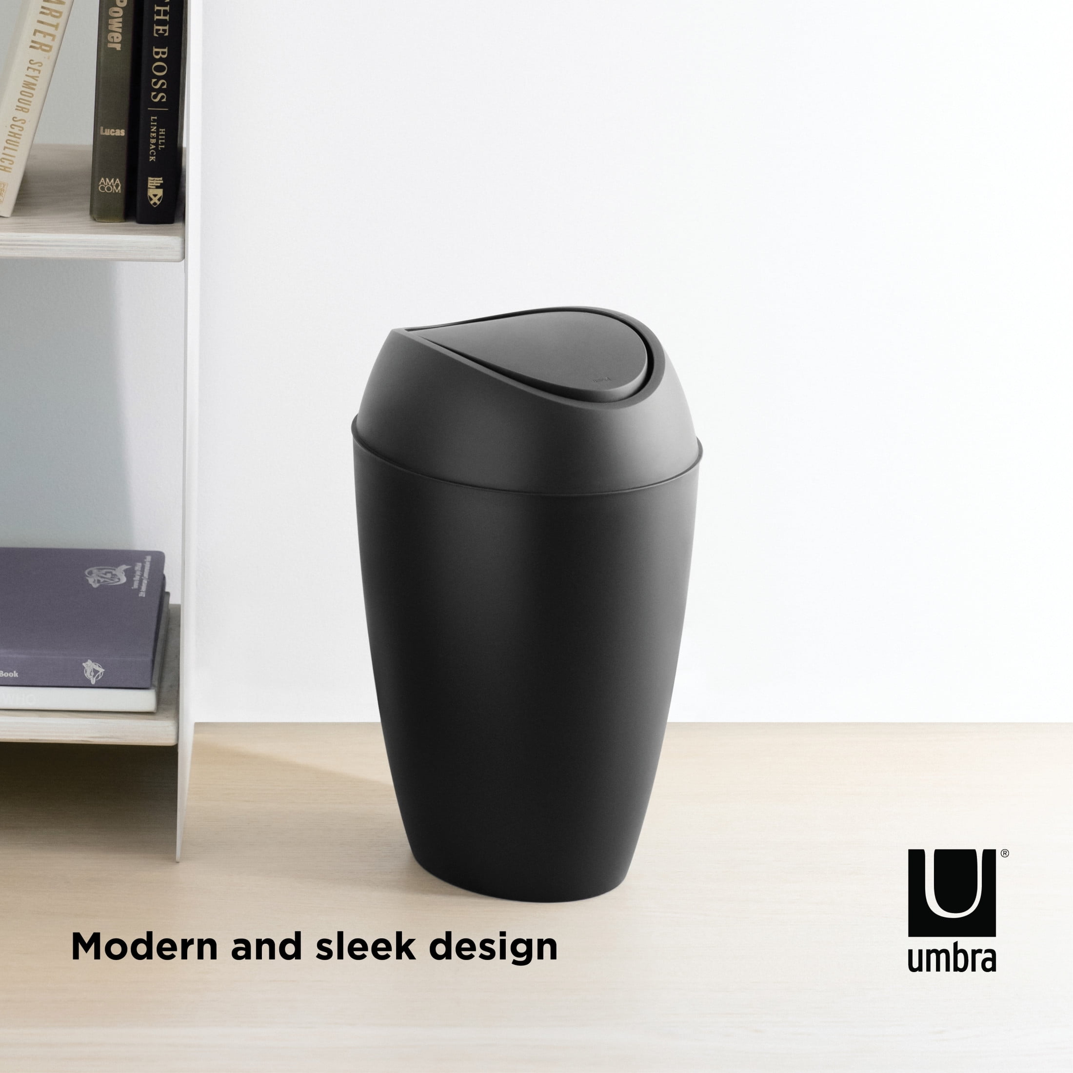 Umbra 2.4 gal Twirla Plastic Swing Top Lid Bathroom Trash Can Garbage Can, Black