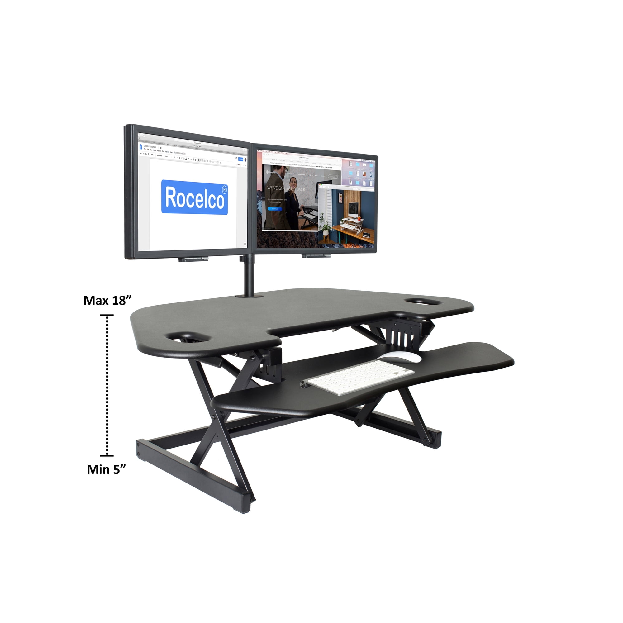 Rocelco 46" Height Adjustable Corner Standing Desk Converter with Dual Monitor Arm BUNDLE