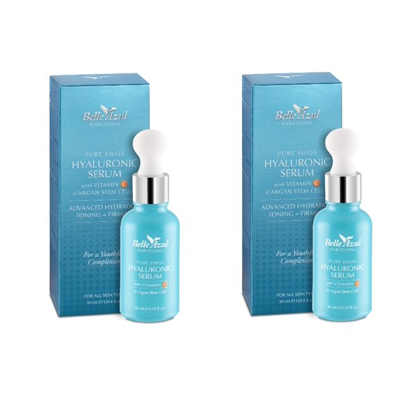 Belle Azul Sérum pour la Peau à l'Acide Hyaluronique Suisse Pur + Vitamine C et Cellules Souches d'Argan - Sérum Hydratant, Tonifiant et Raffermissant pour le Visage, le Cou et les Yeux 30 Ml/1,014 fl oz (Lot de 2)