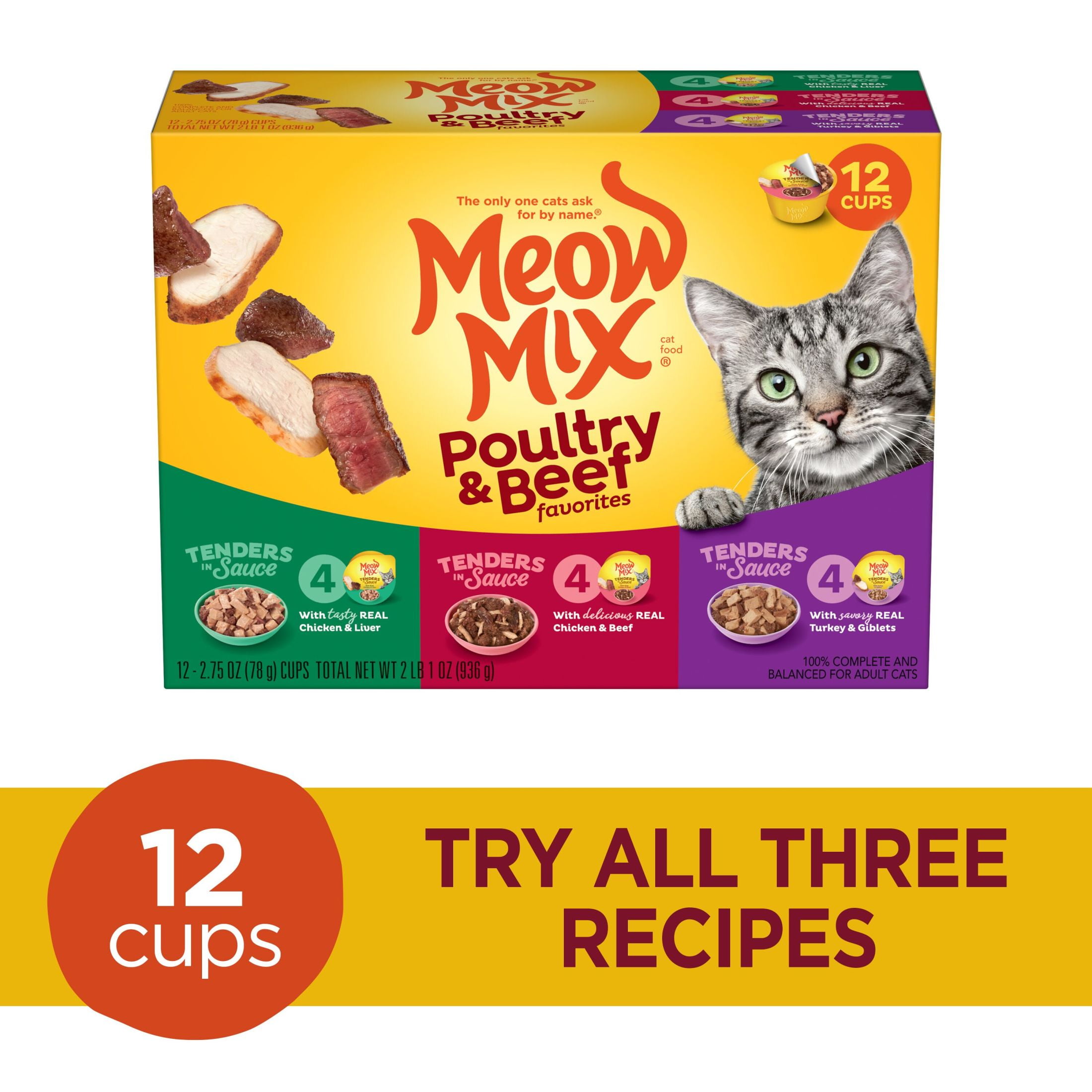 Meow Mix Tender Favorites Poultry & Beef Variety Pack, Wet Cat Food, 2.75 oz Cup (12 Pack)