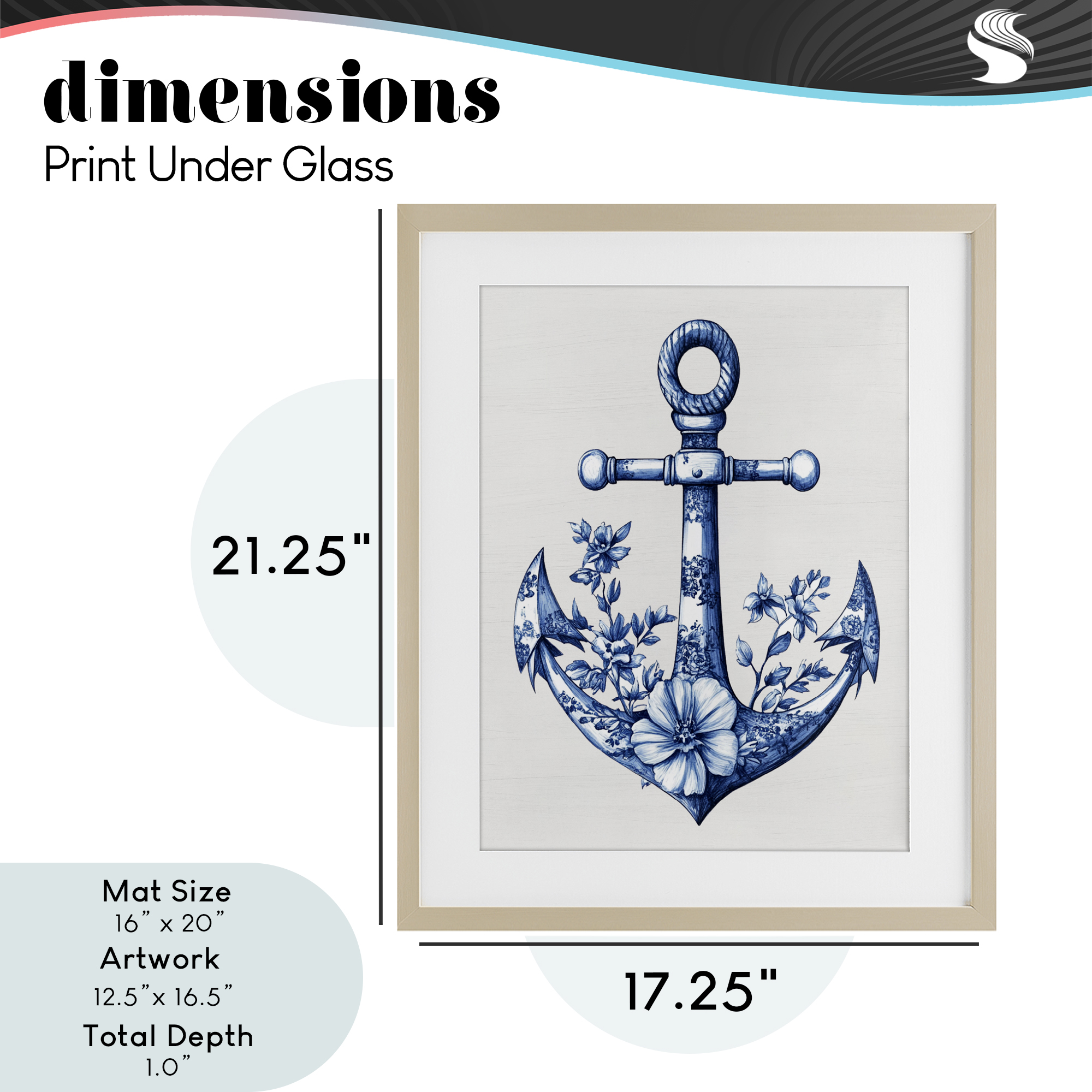 Toile Patterned Anchor Birch Framed Print Under Glass, design by Lettered and Lined