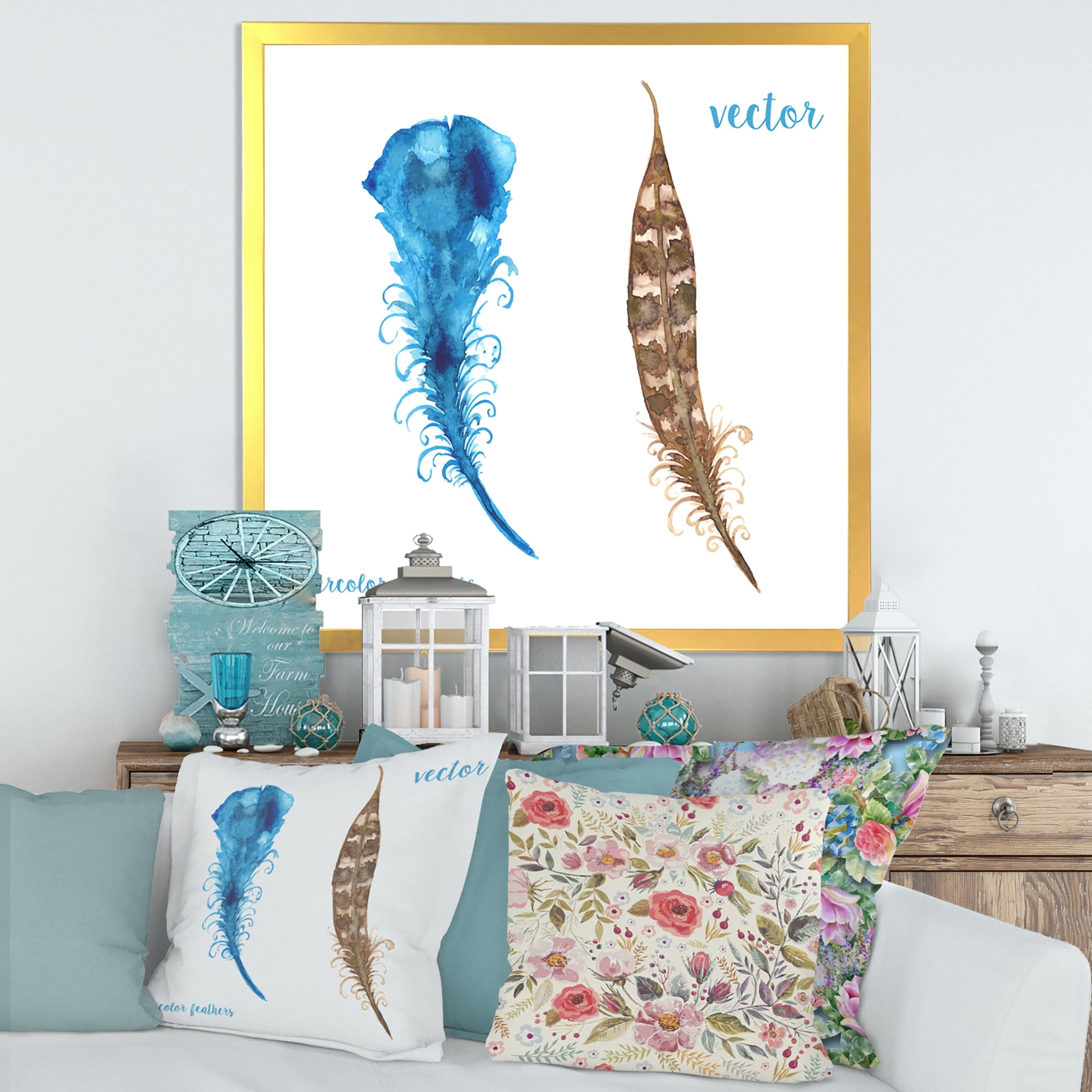 Designart 'Ethnic Boho Watercolor Feathers' Bohemian & Eclectic Framed Art Print