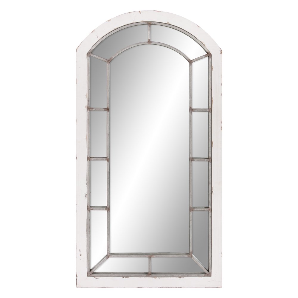 Distressed White and Antique Silver Arch Windowpane Wall Mirror 24"x44