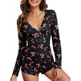 thumbnail image 2 of KelaJuan Women Christmas Printed Pattern Pajama, V-neck Long Sleeve Bodycon Playsuit, Red/ Wine Red/ Navy/ Black, 2 of 6