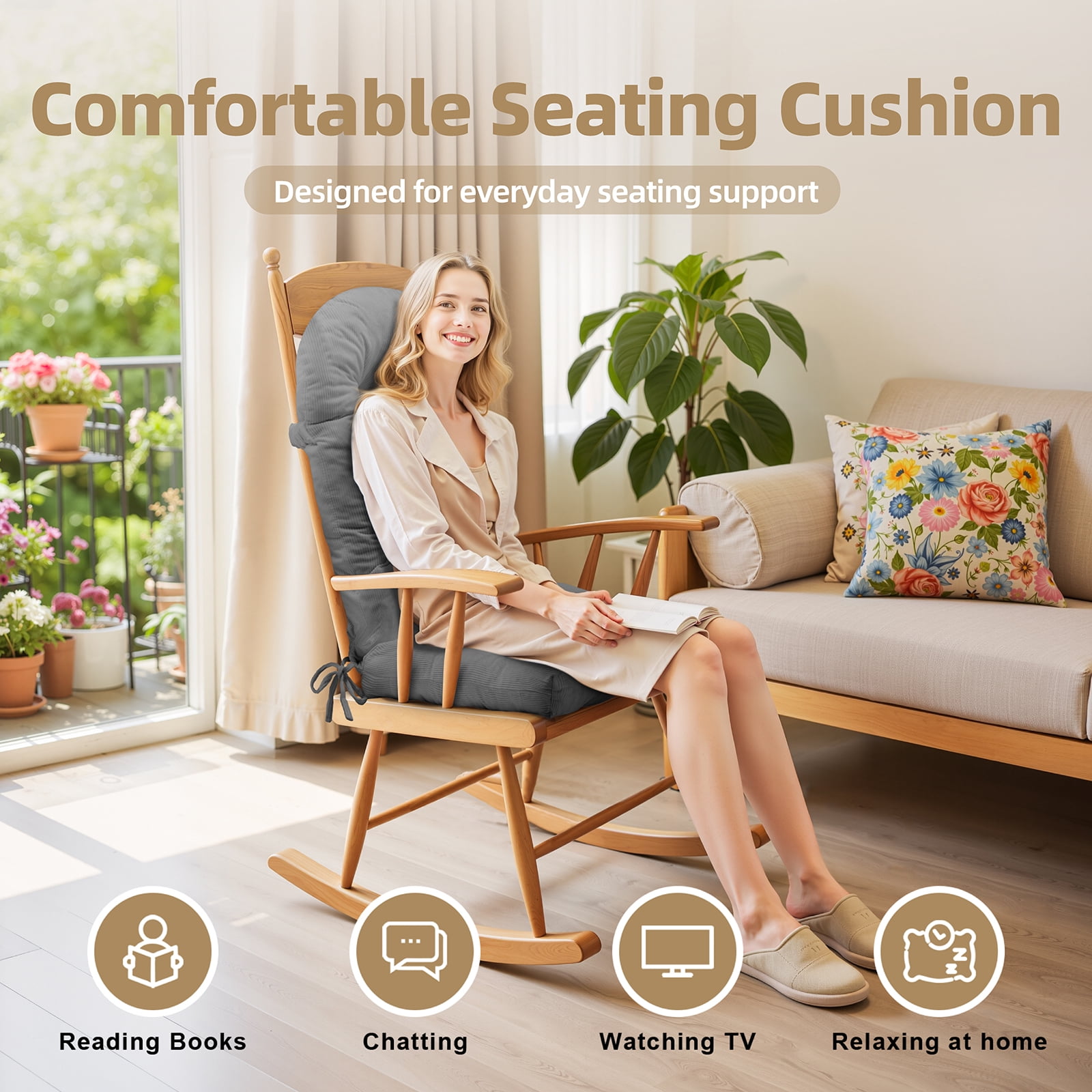 Millsilo Rocking Chair Cushion Set 44" x 19" x 4", High Back Tufted Cushion, Soft Breathable Corduroy Fabric, Non-Slip, Gray