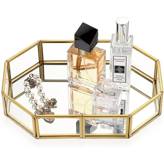 YSTDHL Mirror Glass Vanity Tray - Gold Ornate Makeup Vintage Octagonal Perfume Dresser Jewelry Trinket Organizer for Bathroom Storage Home Decor