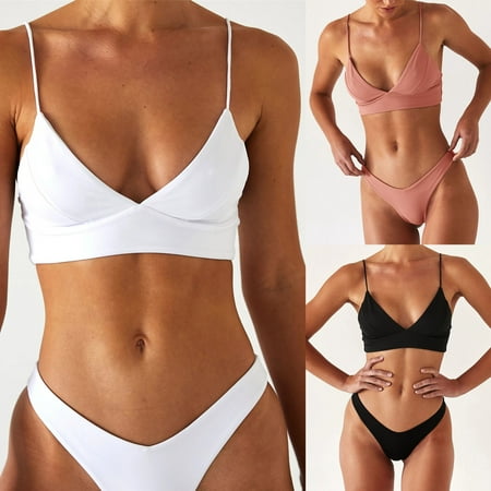 Qiaocaity Swimsuit for Women  Women Sexy Push Up High Cut Lace Up Halter Bikini Set Two Piece Swimsuit Black L
