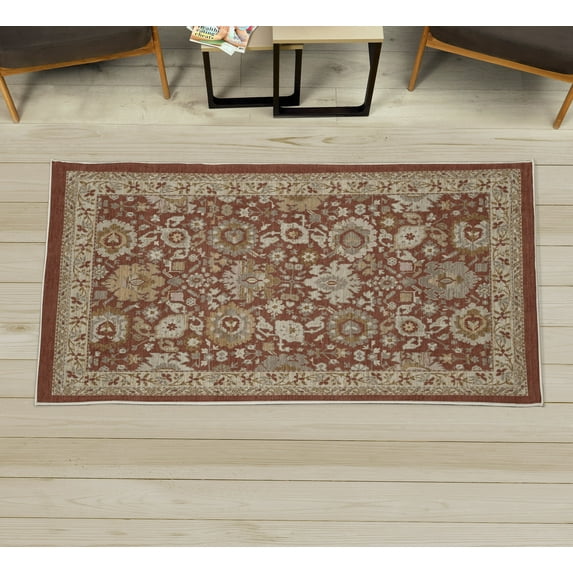 Vintage Decorative Rug, Folk Floral Motifs Nostalgic Swirls and Shapes in Rusty Tones, Quality Carpet for Bedroom Dorm and Living Room, 6 Sizes, Redbrown Beige and Eggshell, by Ambesonne