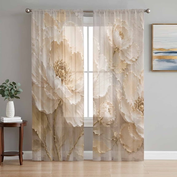Cream Beige Flowers Sheer Curtains 63 Inches Long, Modern Abstract Farmhouse Rustic Floral Light Filtering Window Curtains for Living Room, Rod Pocket Voile Chiffon Drapes, 52"W x 63"L, 2 Panels