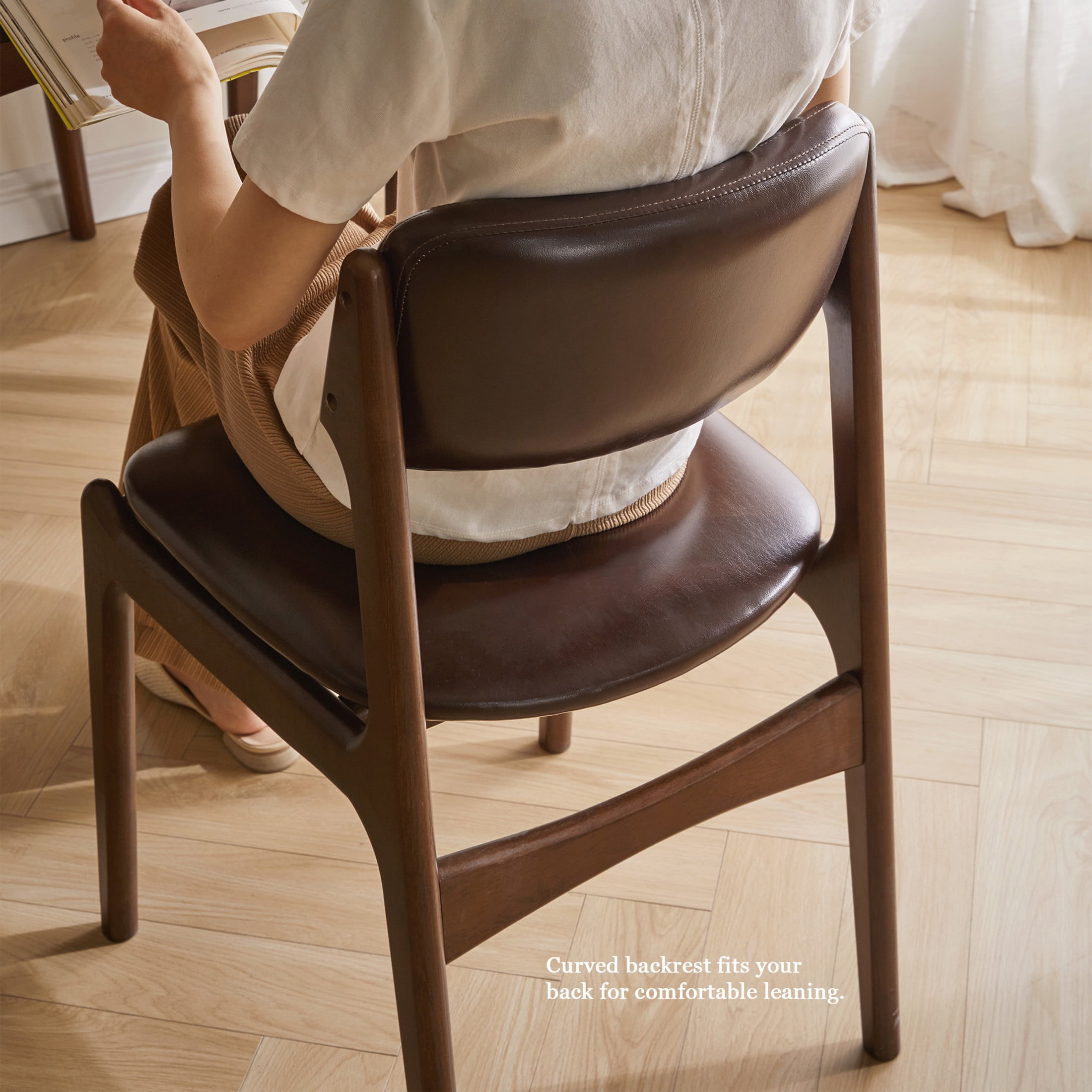 Noble House Marcus Modern Solid Wood Dining Chair with PU Leather Upholstery, Ergonomic Backrest Side Chairs, Coffee