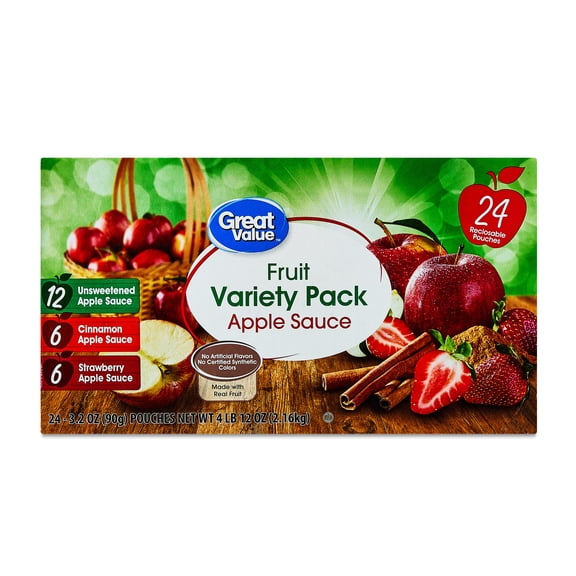 Great Value Fruit Variety Pack Applesauce, 3.2 oz, 24 Pouches